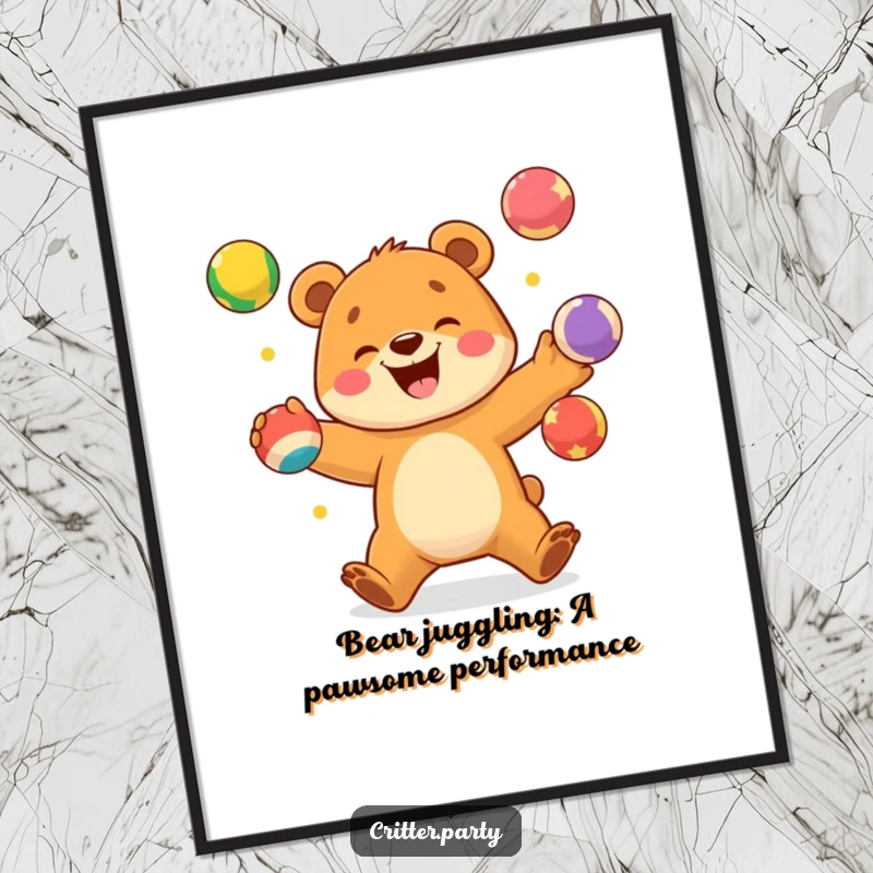 Funny free printable wall art of an excited bear cub skillfully juggling bright, colorful balls with a joyful expression.