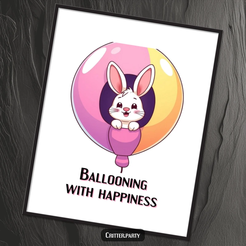 Funny Free Printable Wall Art: Giggling bunny joyfully peeking out from a massive, brightly colored balloon.