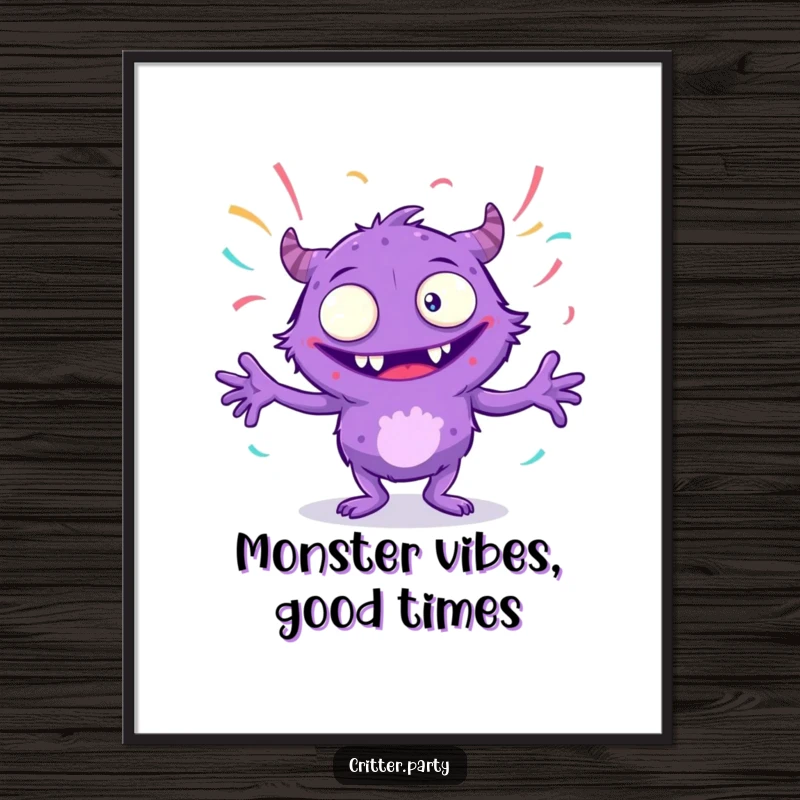 Funny Free Printable Wall Art: A purple monster with many eyes bounces energetically, surrounded by a wild explosion of colorful streamers.