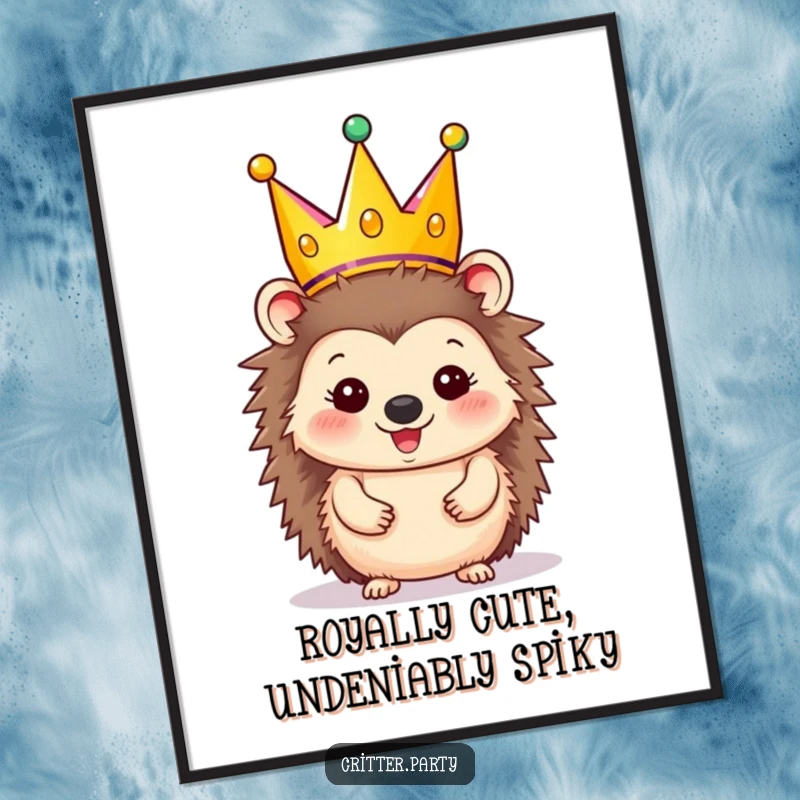 Funny Free Printable Wall Art: A happy hedgehog character proudly wears a festive, oversized party crown, radiating pure celebration and charm.