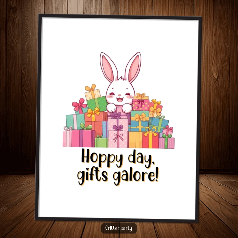 Funny Free Printable Wall Art: A delighted rabbit peeks out from behind an enormous pile of colorful gifts.