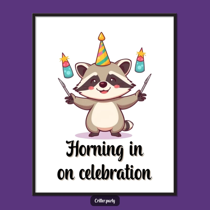 Free Printable Wall Art: Giggling Raccoon Juggling Horns - Funny Downloadable Decor