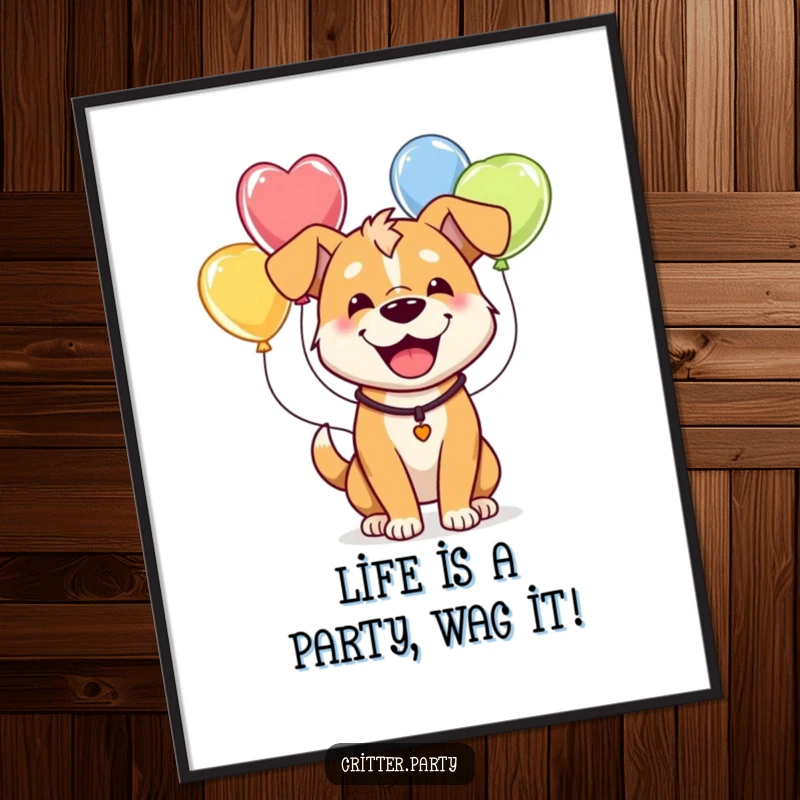 Funny free printable wall art of a happy dog looking comical with a string of colorful balloons wrapped around its head.