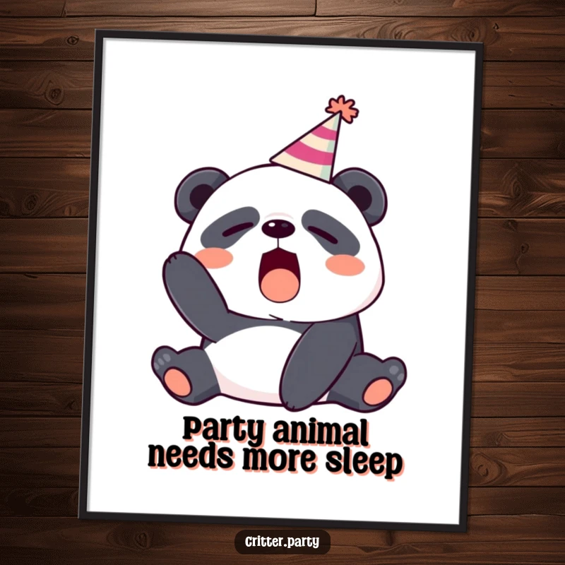Funny Free Printable Wall Art: A cute, sleepy panda yawns widely while wearing a tilted party hat, perfect decor.