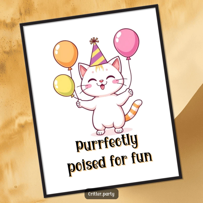 Funny free printable wall art of a happy cat wearing a party hat, juggling colorful balloons with great enthusiasm and joy.