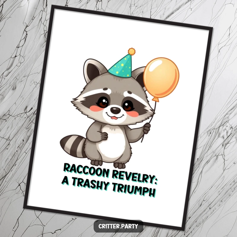 Funny free printable wall art of a cheerful raccoon wearing a party hat and holding a big, colorful balloon.