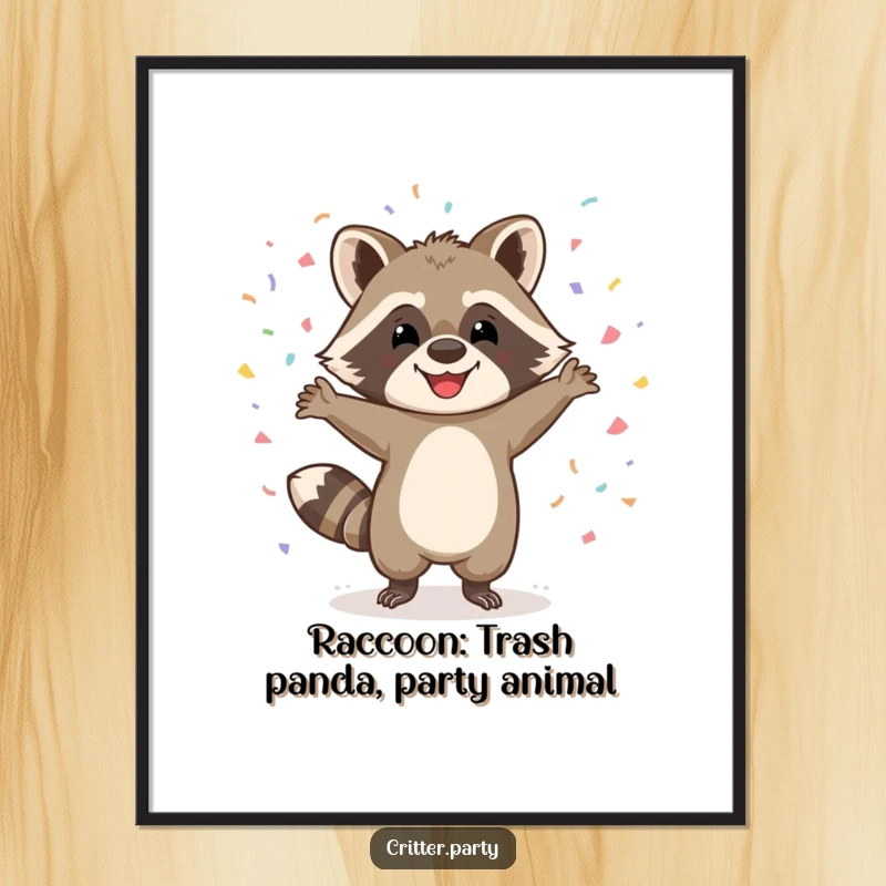 Funny Free Printable Wall Art: A happy raccoon character dancing wildly with colorful confetti showering down all around it.