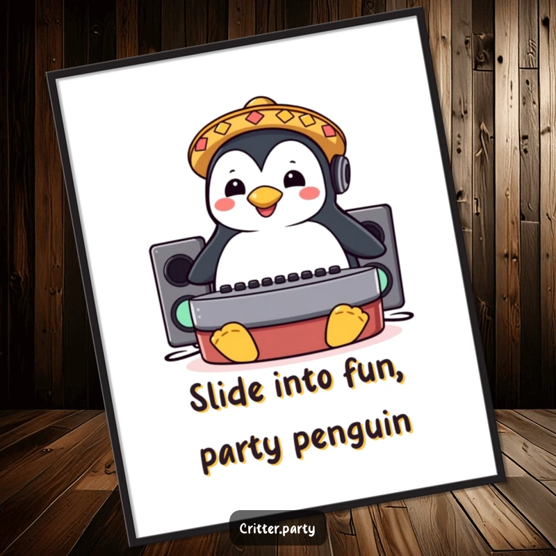Funny Free Printable Wall Art: A happy penguin in a tiny sombrero slides on a deejay booth, spinning records.