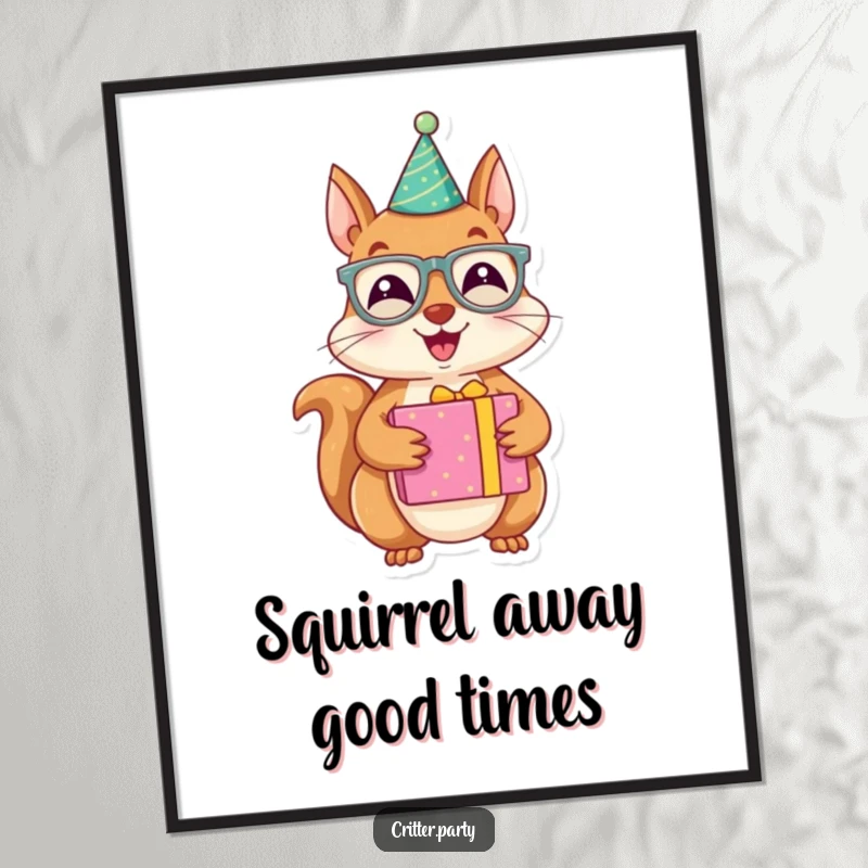 Funny Free Printable Wall Art: A joyous squirrel character wearing party glasses holds a brightly wrapped gift.