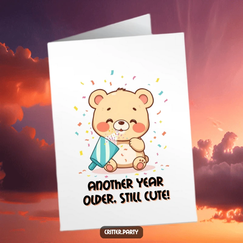 Funny Free Printable Birthday Card: A happy bear cub joyfully blows huge confetti from a party popper, ready to celebrate.