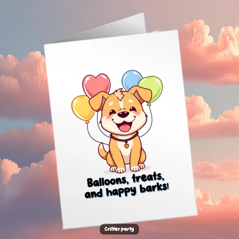 Funny free printable birthday card featuring a happy dog comically dressed in a tangle of colorful party balloons.