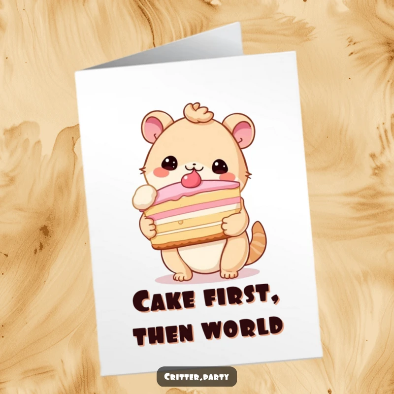 Funny Free Printable Birthday Card: A cute critter gleefully holds a massive slice of cake, ready for celebration.