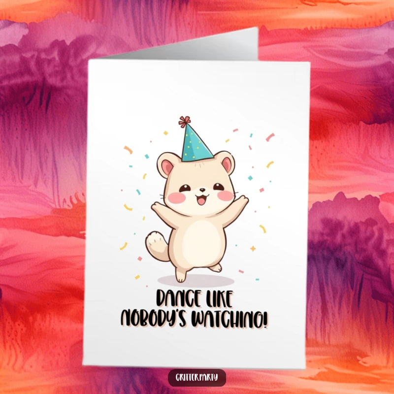 Funny Free Printable Birthday Card: A happy animal in a party hat dances joyfully with confetti, spreading birthday cheer.