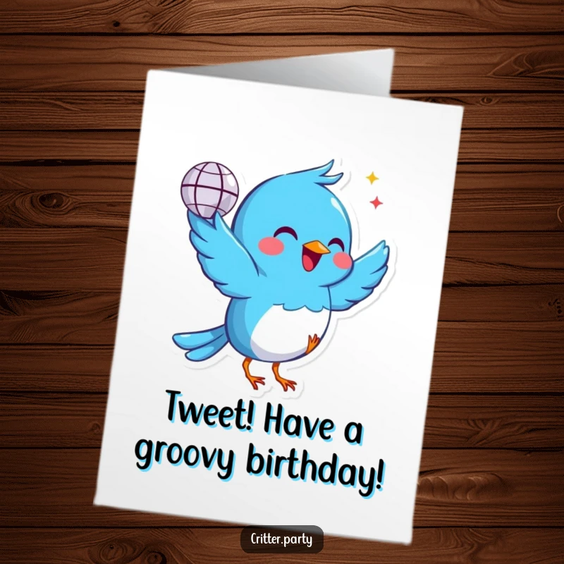 Funny Free Printable Birthday Card: A cheerful blue bird joyfully holds a tiny disco ball, dancing with pure delight.