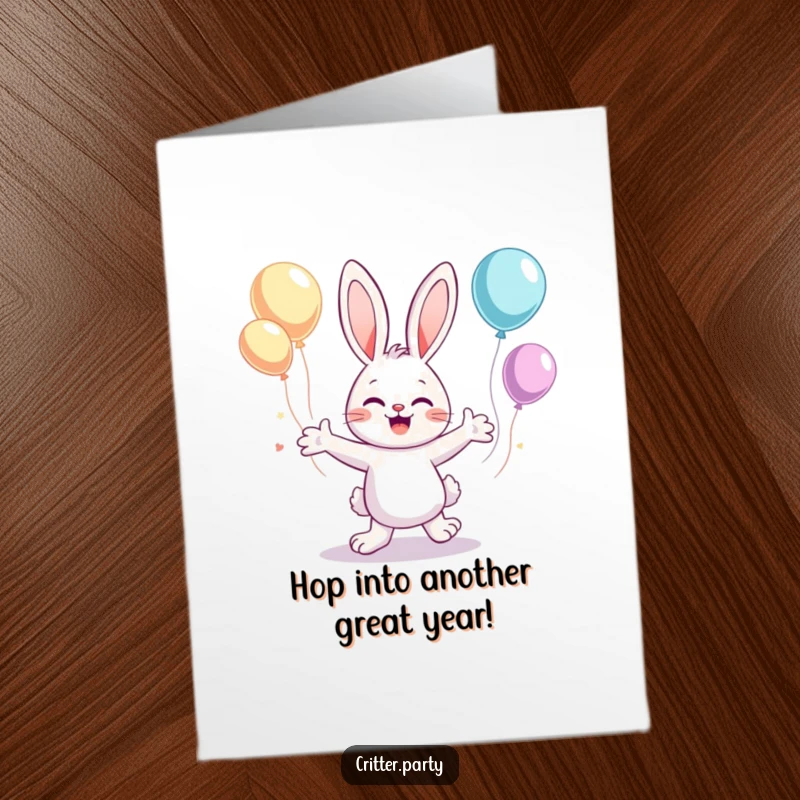 Funny Free Printable Birthday Card: A cute bunny enthusiastically dancing with arms flailing, surrounded by floating balloons, a joyful greeting.