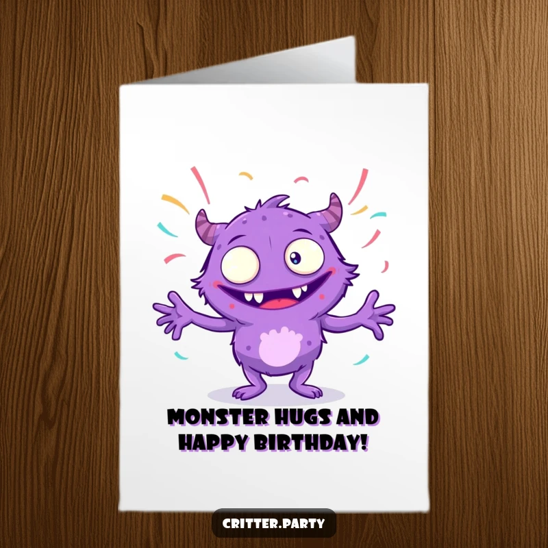 Funny Free Printable Birthday Card: A giggling purple monster with many eyes dances crazily, twirling colorful streamers with glee.