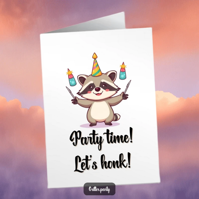 Funny Free Printable Birthday Card: A mischievous raccoon gleefully juggling three shiny party horns, ready to celebrate.