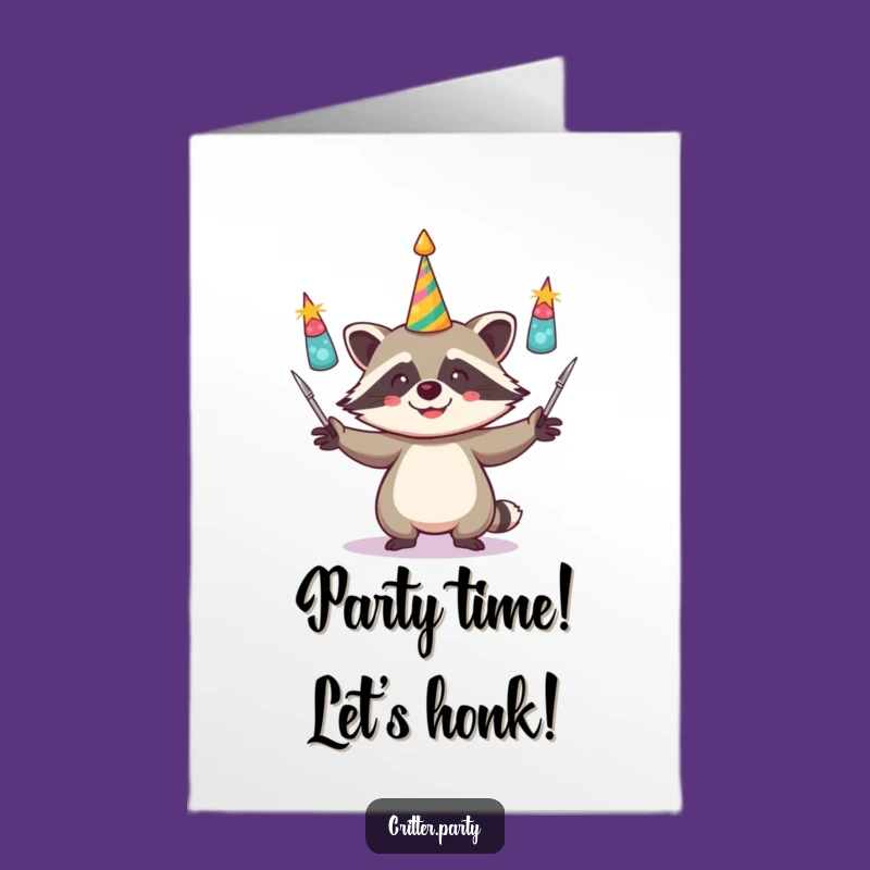 Free Printable Birthday Card: Giggling Raccoon Juggling Horns - Funny Downloadable Greeting