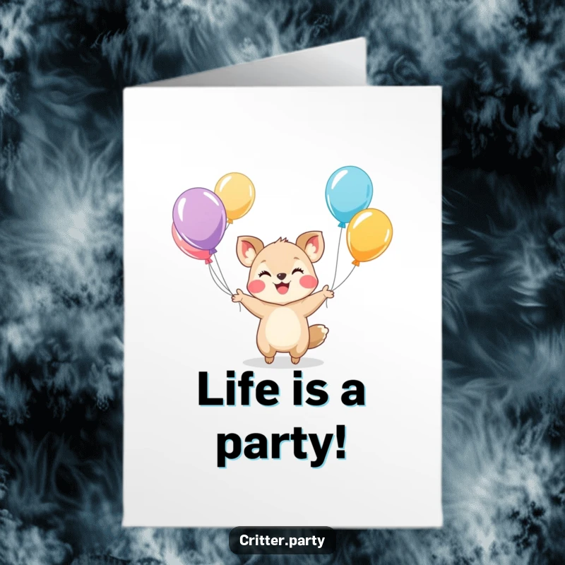 Funny Free Printable Birthday Card: A tiny animal juggles colorful balloons with a huge smile, spreading birthday joy.