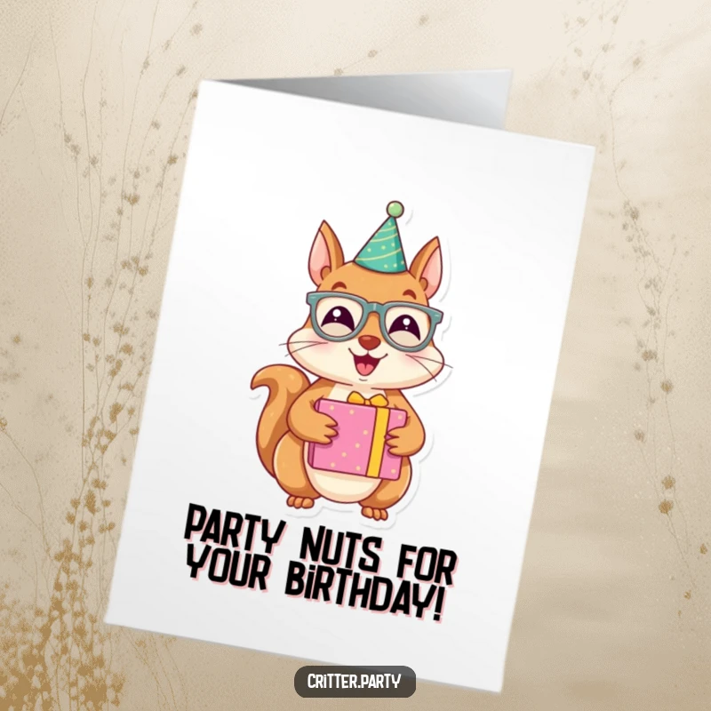 Funny Free Printable Birthday Card: Joyous squirrel character wears party glasses and holds a brightly wrapped present.