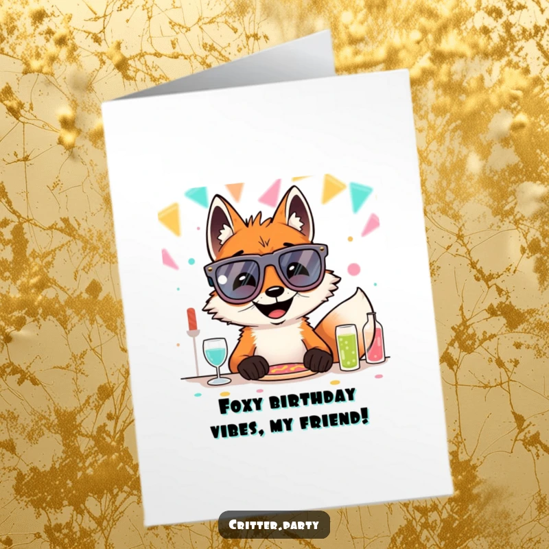 Funny free printable birthday card of a grinning fox wearing huge novelty glasses, sitting at a party table, ready for fun.