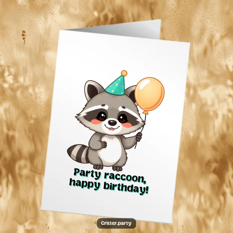 Funny free printable birthday card featuring a cheerful raccoon in a party hat holding a bright balloon.