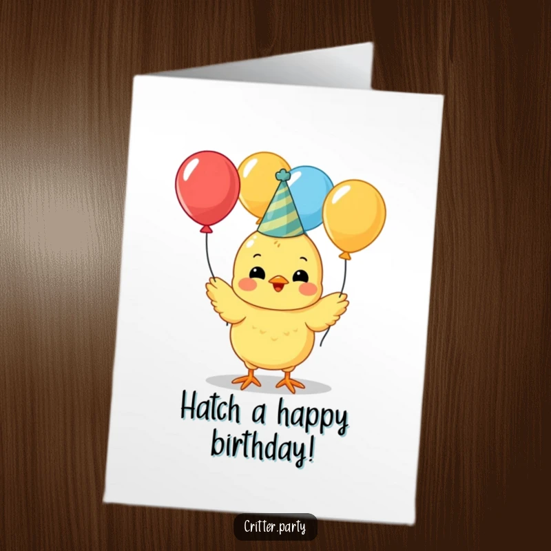 Funny Free Printable Birthday Card: Cute yellow chick in party hat juggles balloons, wishing a happy, festive birthday.