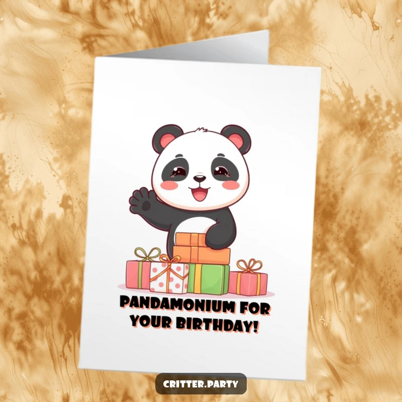 Funny free printable birthday card featuring a joyful panda popping from behind presents, waving happily.