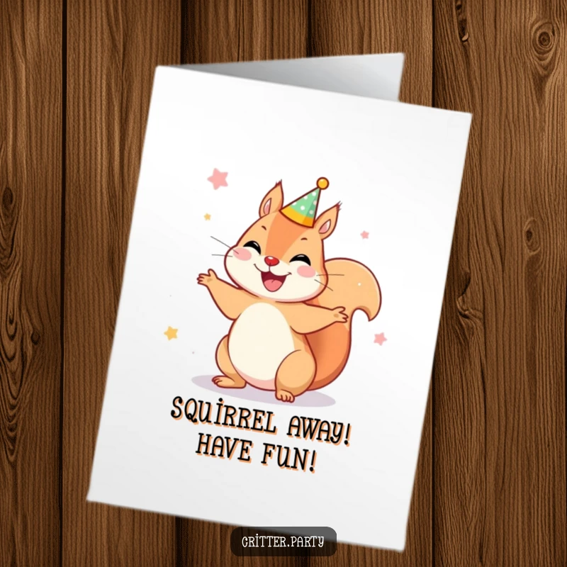 Funny Free Printable Birthday Card: A joyful squirrel in a tiny party crown spins around celebrating a birthday.