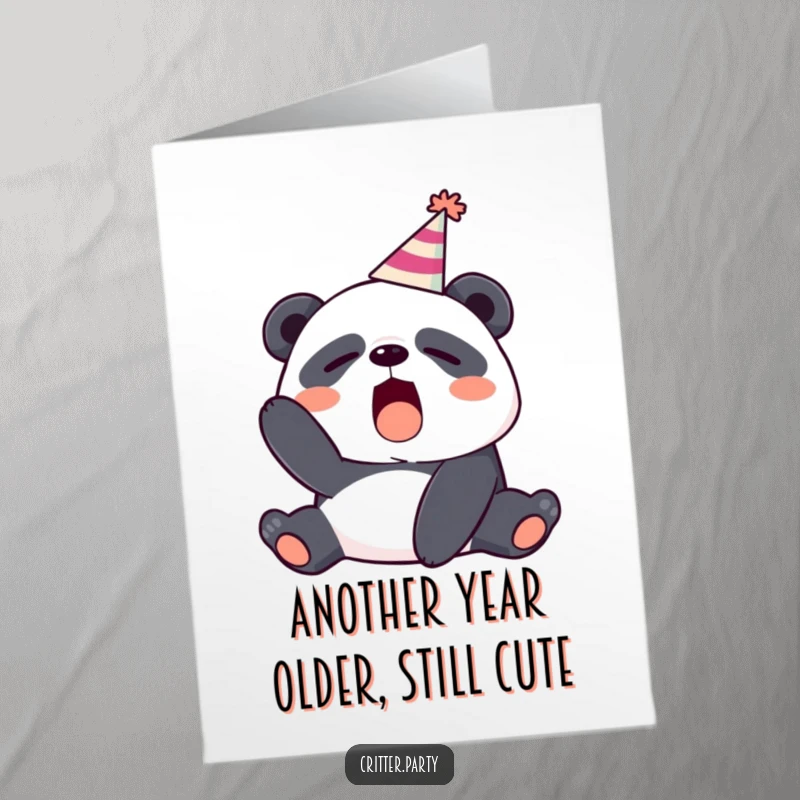 Funny Free Printable Birthday Card: Sleepy panda in a party hat yawns wide, a hilarious, relatable birthday greeting.
