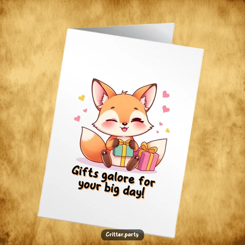 Funny Free Printable Birthday Card: A winking fox expertly juggles colorful gift boxes, ready for celebration.