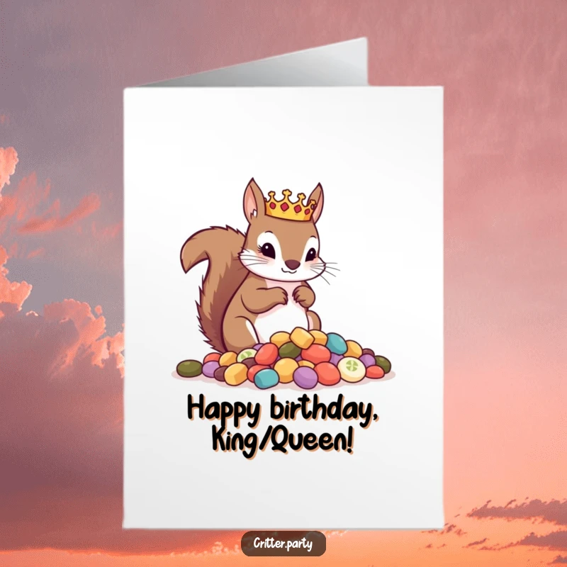 Funny Free Printable Birthday Card: A curious squirrel adorned with a tiny crown, surveying a delightful pile of tasty treats.