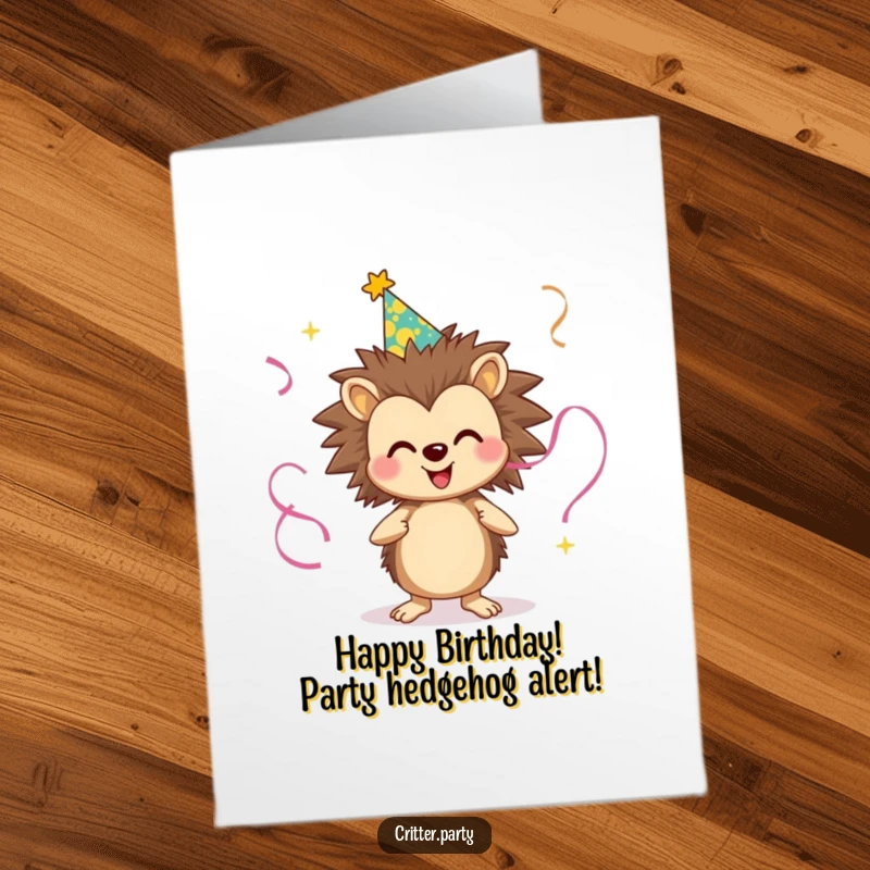 Funny Free Printable Birthday Card: A smiling hedgehog in a party hat juggles streamers, ready to celebrate your special day with glee.