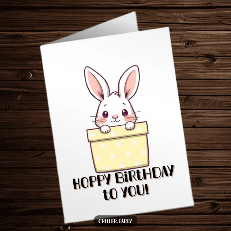 Funny Free Printable Birthday Card: A curious rabbit peeks playfully from a brightly wrapped gift box, wishing happy birthday.