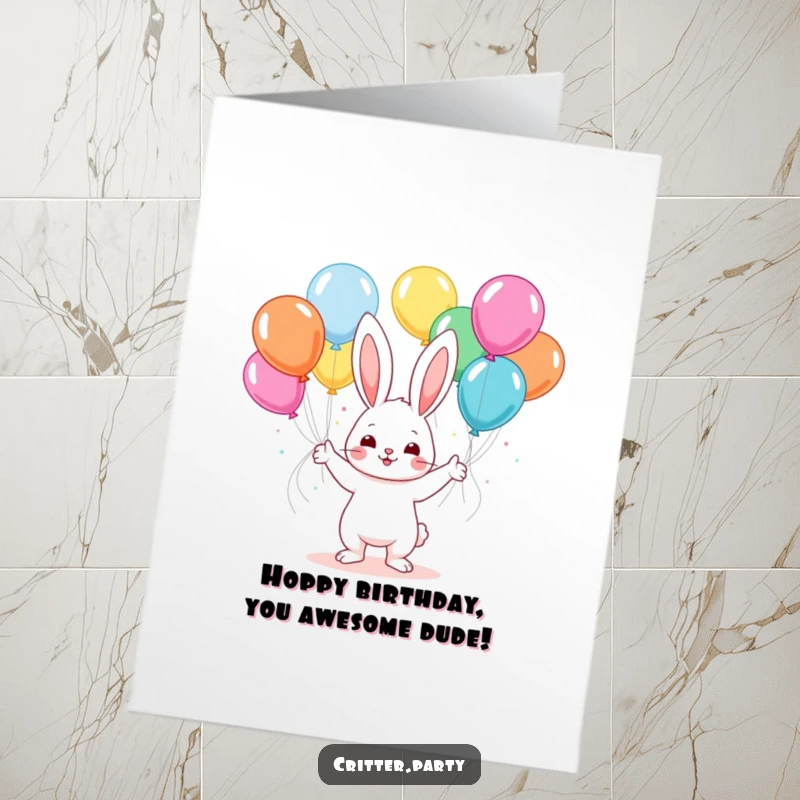 Funny Free Printable Birthday Card: A cheerful kawaii bunny happily juggles multiple colorful balloons at a lively birthday party.