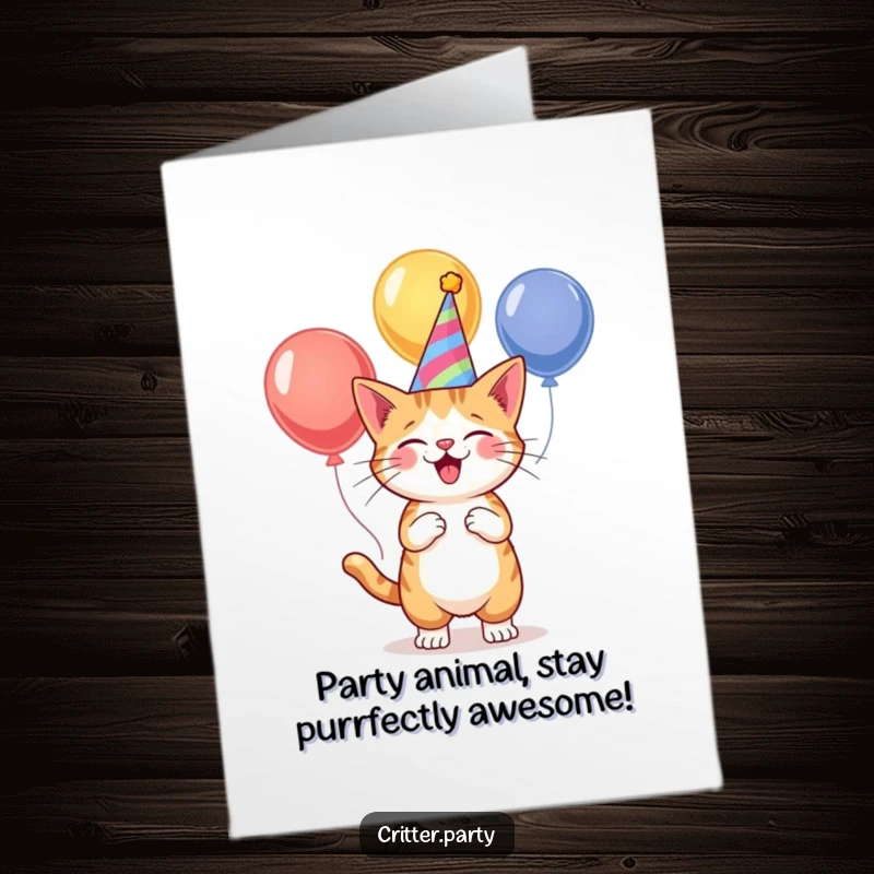 Funny free printable birthday card of a happy cat in a party hat, expertly juggling three colorful balloons with a mischievous grin.