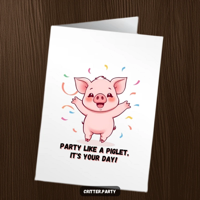 Funny Free Printable Birthday Card: Kawaii piglet joyfully twirling with colorful streamers, a downloadable gift.