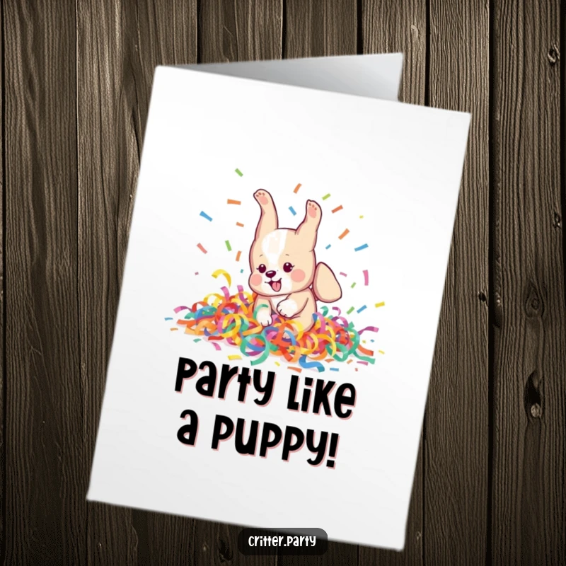 Funny Free Printable Birthday Card: Playful puppy tumbles headfirst into a pile of vibrant streamers, pure birthday chaos.