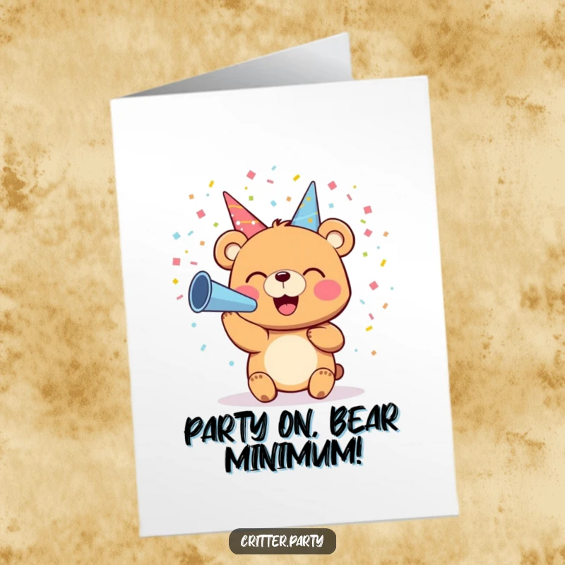 Funny Free Printable Birthday Card: A smiling bear joyfully blowing colorful confetti from a party horn, a hilarious greeting.