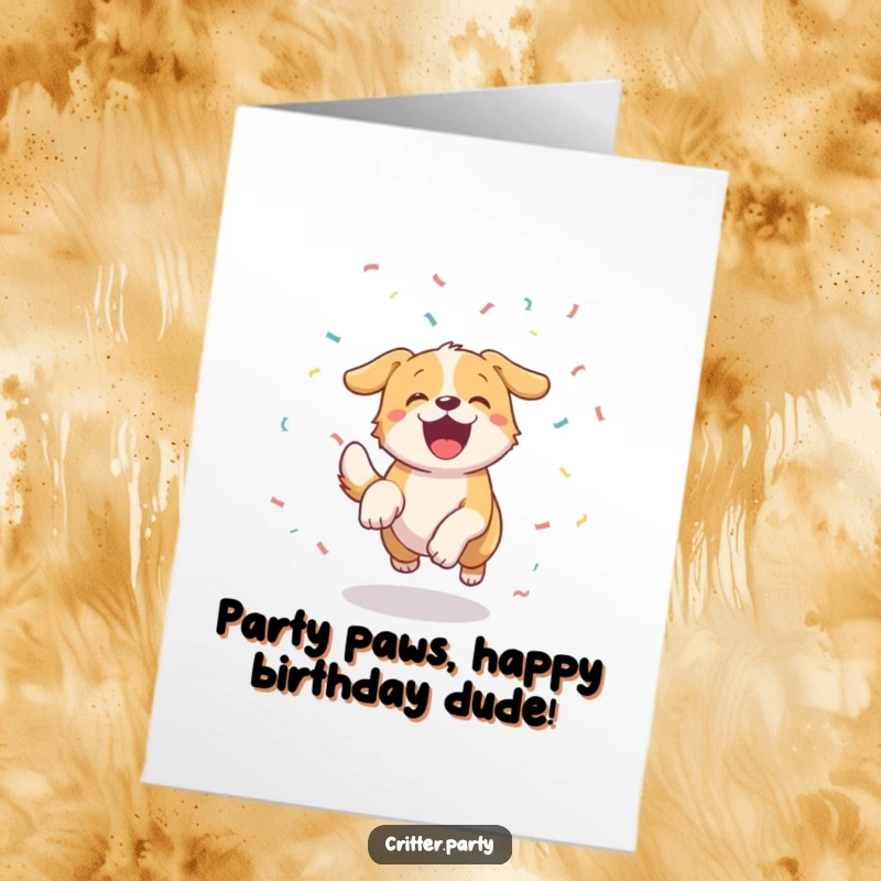 Funny free printable birthday card of an excited dog with a furiously wagging tail, joyfully chasing a stream of colorful confetti.