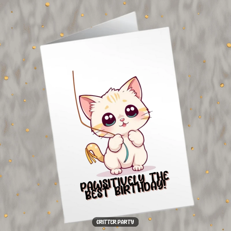 Funny Free Printable Birthday Card: A small cat playfully batting a shiny streamer with wide eyes, a humorous birthday wish.