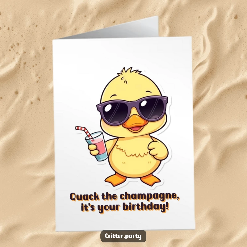 Funny Free Printable Birthday Card: Kawaii duckling in sunglasses holding a drink, a cool downloadable gift.