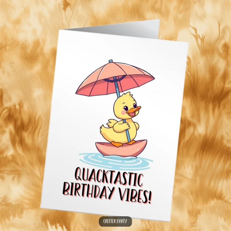 Funny Free Printable Duck Birthday Card: A happy duckling rides an umbrella, celebrating a birthday with tropical cheer.