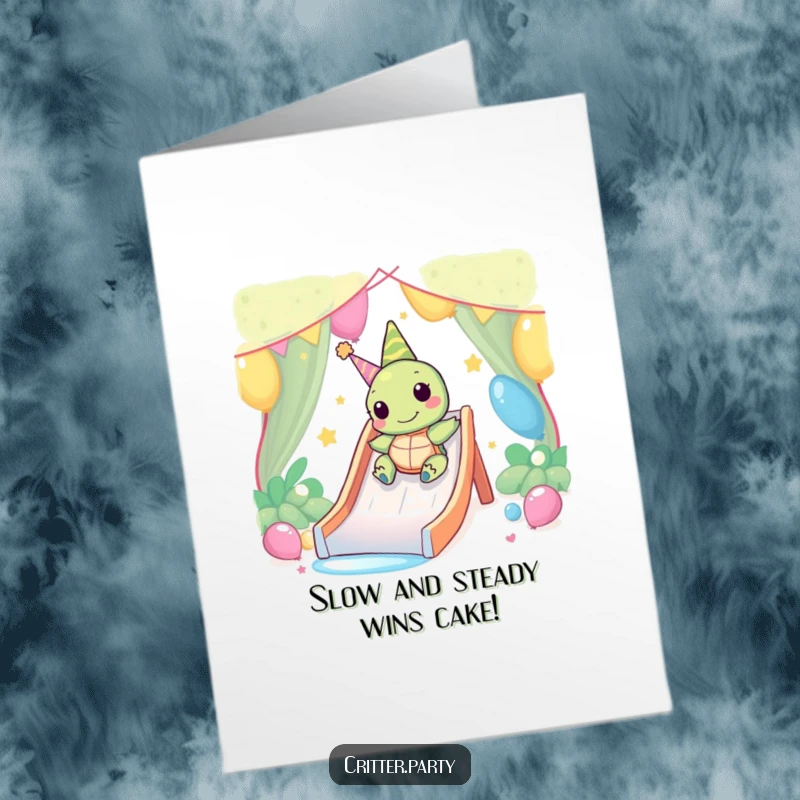 Funny Free Printable Birthday Card: Kawaii turtle happily sliding down a party slide, a cute downloadable gift.