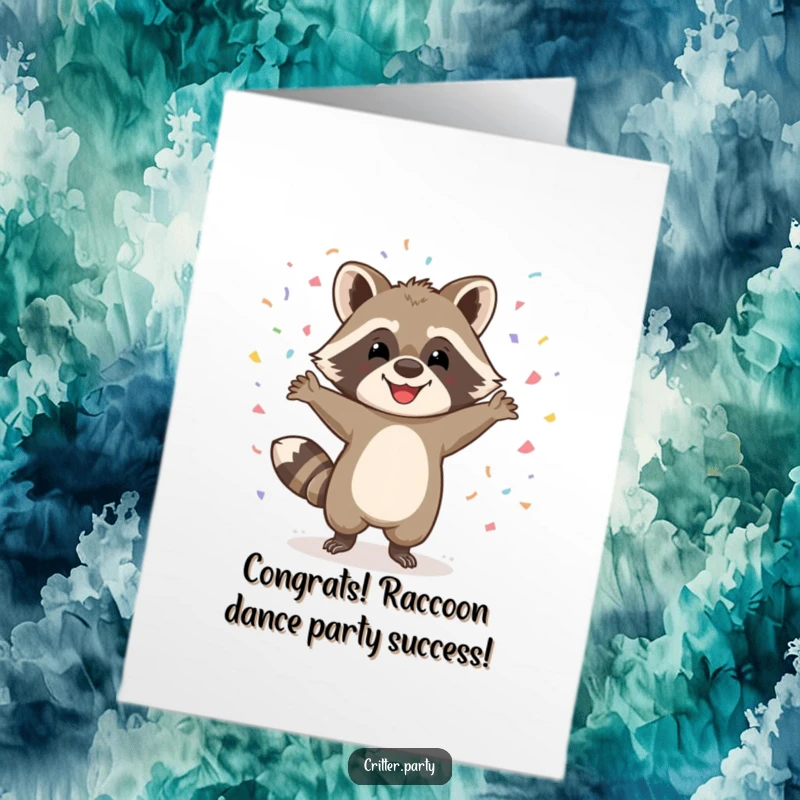 Funny Free Printable Congratulations Card: A happy raccoon dances wildly surrounded by confetti, celebrating your incredible achievements with gusto.