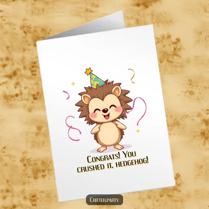 Funny Free Printable Congratulations Card: A smiling hedgehog in a party hat juggles streamers, celebrating your impressive achievements with flair.
