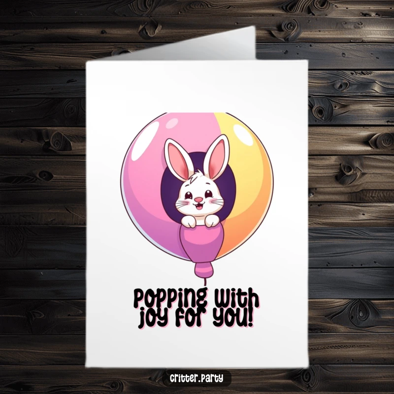 Funny Free Printable Congratulations Card: Giggling bunny emerges from a huge balloon, celebrating a momentous achievement.