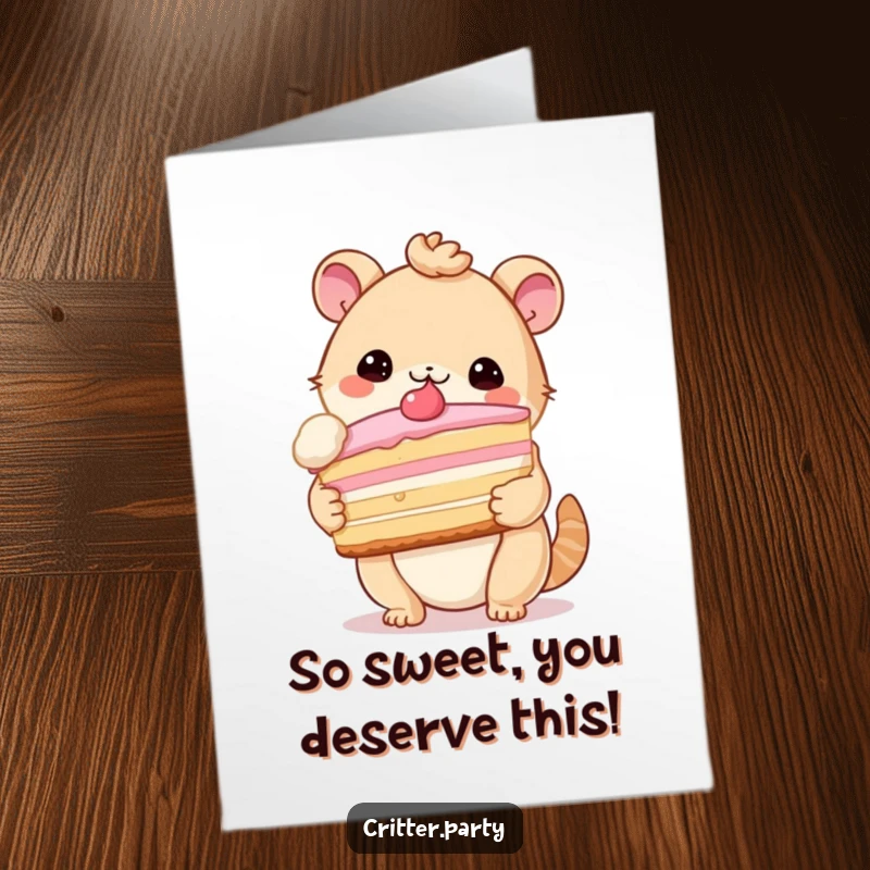 Funny Free Printable Congratulations Card: A cute critter holds a giant slice of cake, celebrating a sweet success.