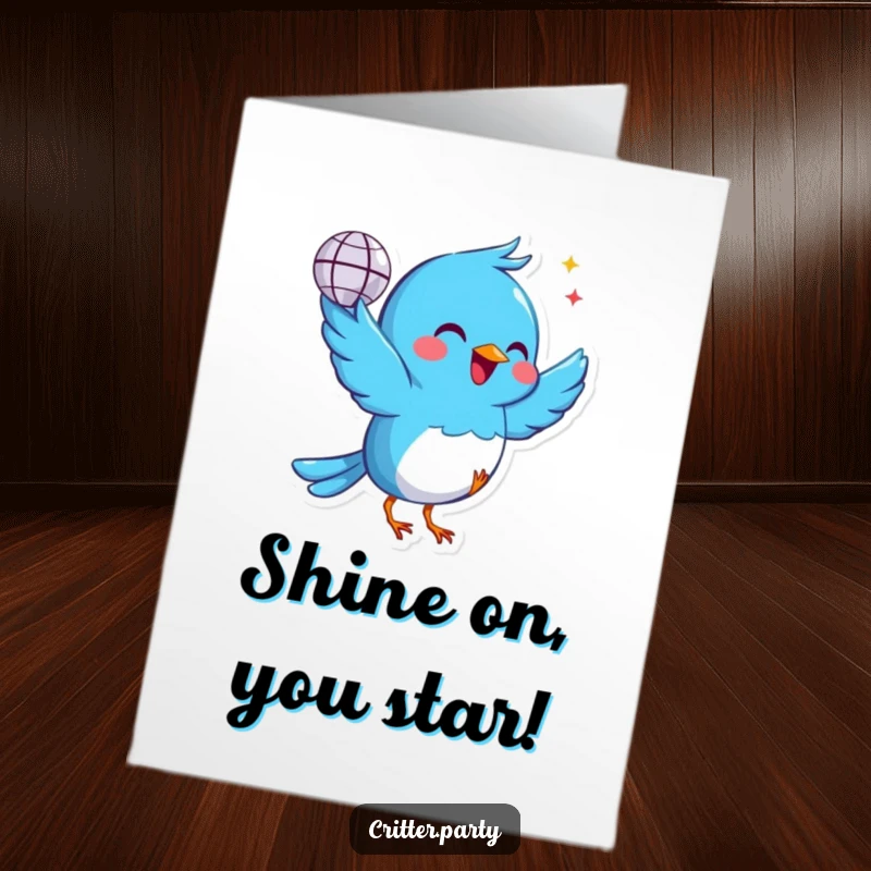 Funny Free Printable Congratulations Card: A happy blue bird gleefully dances with a miniature disco ball, spreading cheer.