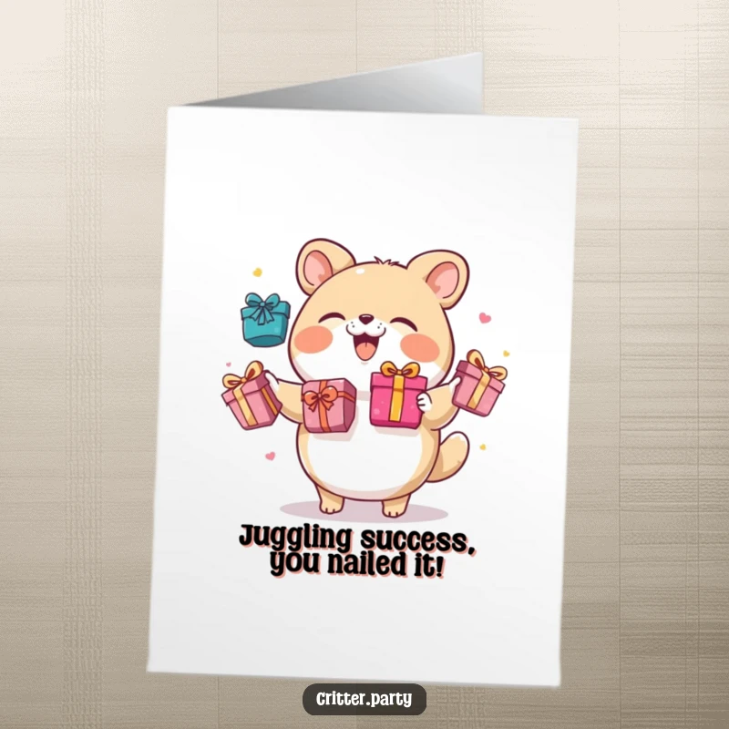 Funny Free Printable Congratulations Card: A round animal character juggling colorful gift boxes with a giggle, a fun downloadable.